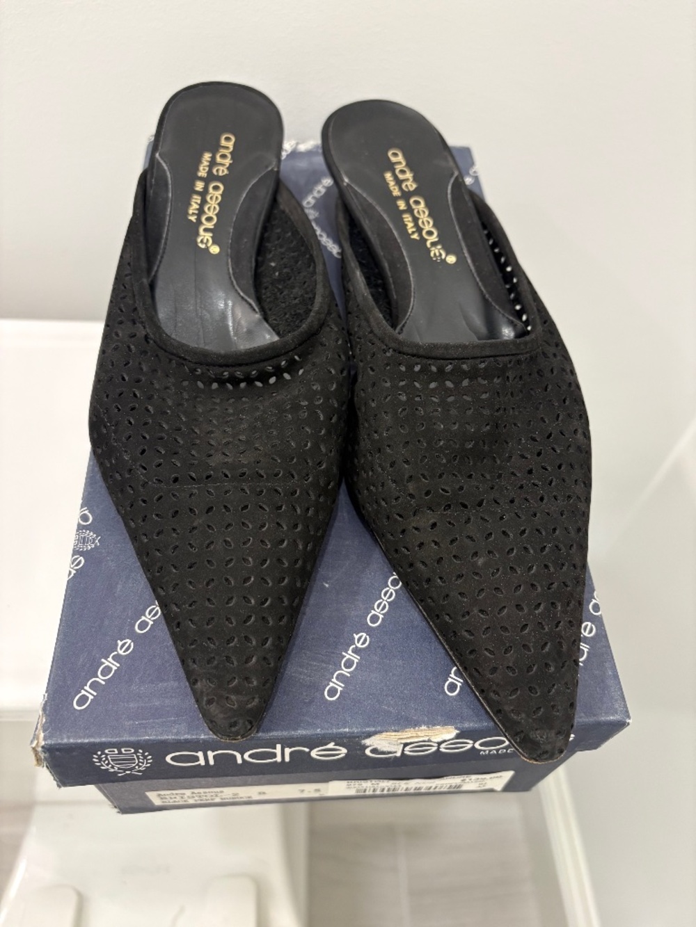 ANDRE ASSOUS "Bristol" Black Nubuck Perforated Heeled Mules; Size 7-1/2 B